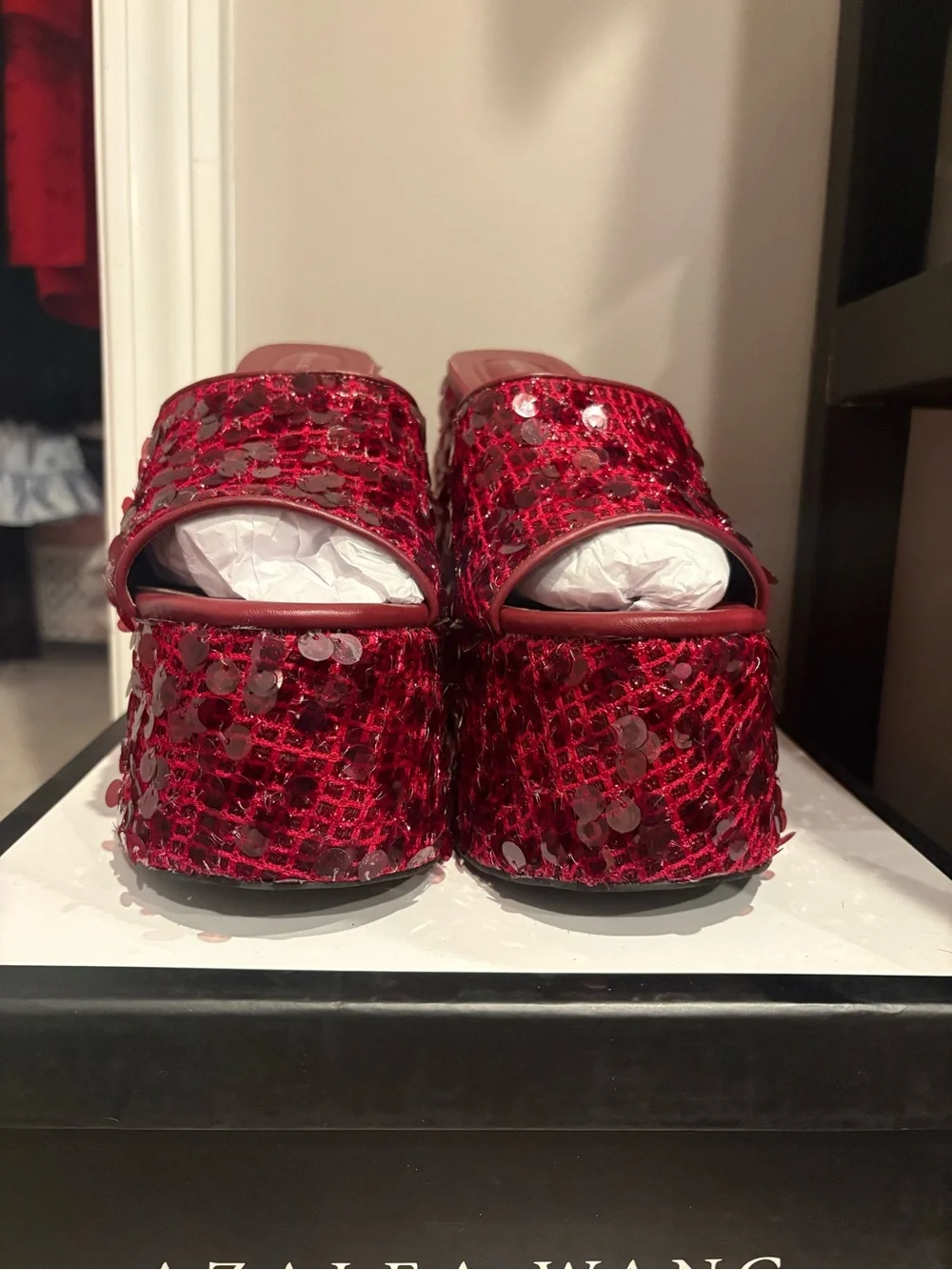 Azalea Wang Betsey Platform Sequin Wedge Sandal - Red